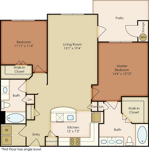 Floor plan for 2 beds, 2 baths, 1169 sqft